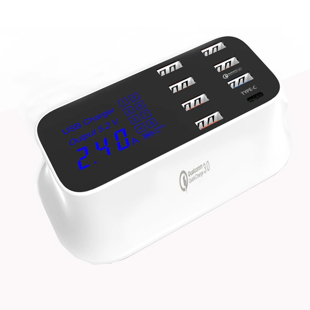 

Fast Charging Multiple USB Charger,40W/8A 8 Port Desktop Charger Hub with 1 Type C Port and 1 Quick Charge 3.0 port, Led Displ