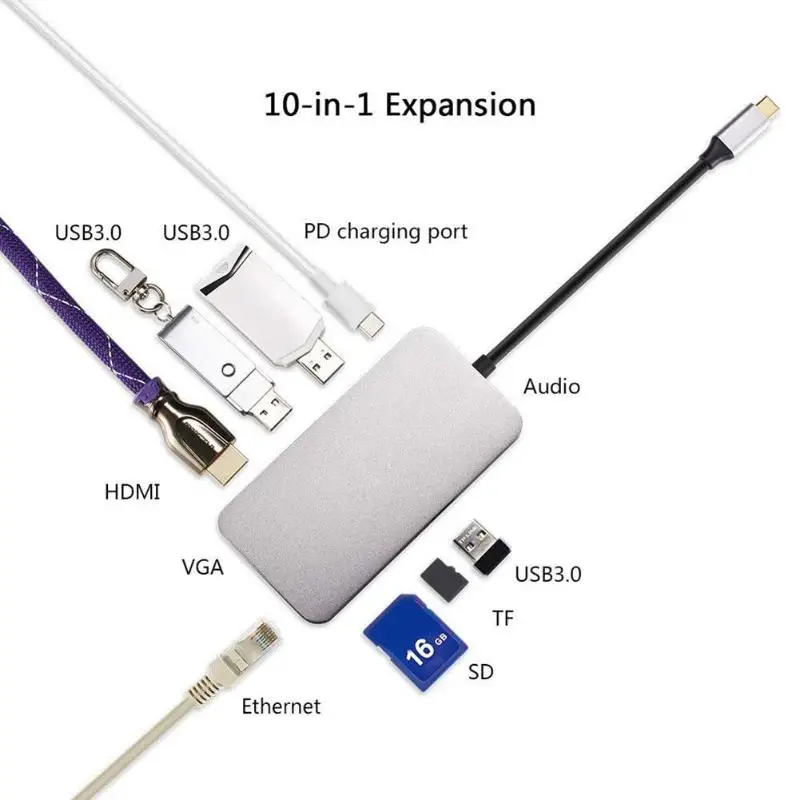 

10 in 1 USB C Hub Type C to HDMI VGA RJ45 USB 3.0 Thunderbolt Audio for SD TF Card Reader Adapter for MacBook Laptop Type-C USB