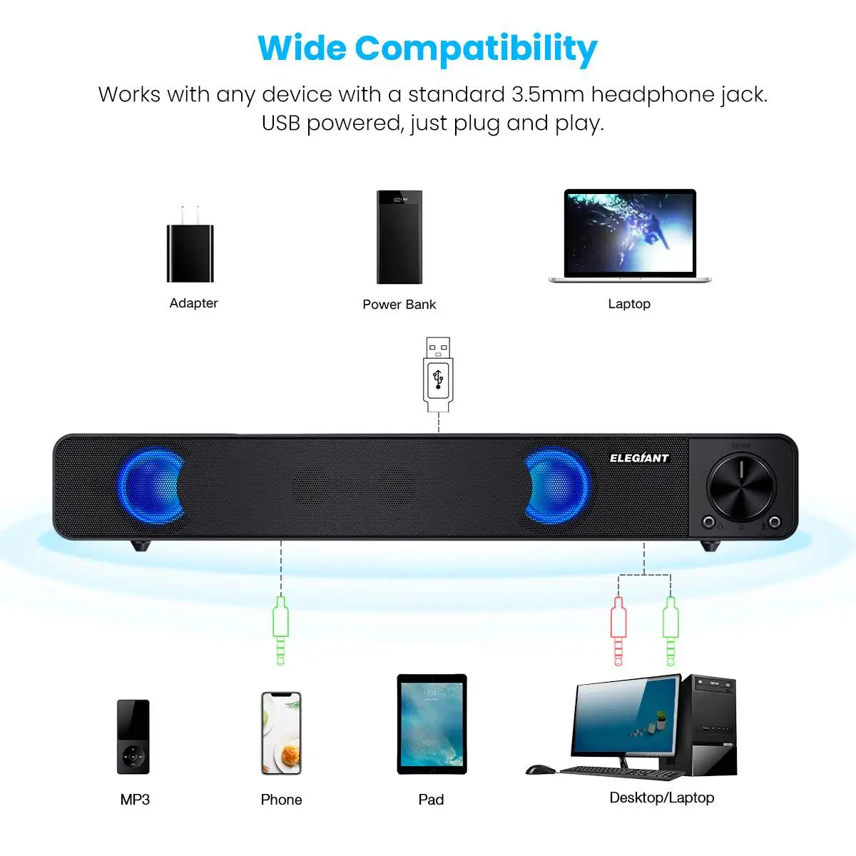 ELEGIANT USB динамик для ноутбука ПК Саундбар с питанием от Настольный IPhone|Портативные