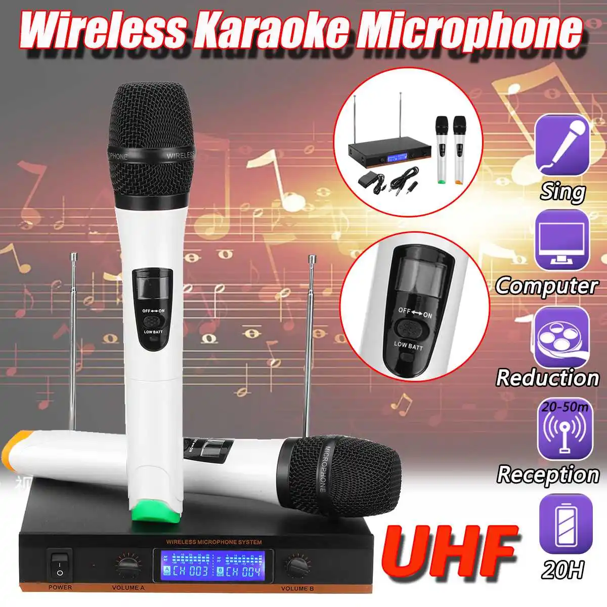 

UHF Long Range Dual Handheld Wireless Microphone Dynamic+LCD Display Receiver System For KTV Party Speech Performance Conference