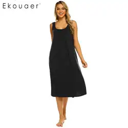 Ekouaer женское летнее Ночное платье с круглым вырезом без рукавов спереди Плиссированные Свободные ночные рубашки женское белье пижамы