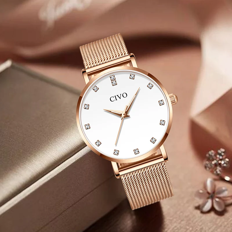 

CIVO New Fasahion Ladies Wrist Watches Luxury Rhinestone Bracelet Watch Waterproof Slim Steel Mesh Quartz Clock Relojes Mujer