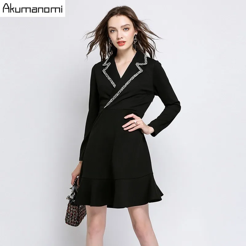 Autumn Dress Women Clothing Black Turn down Collar Full