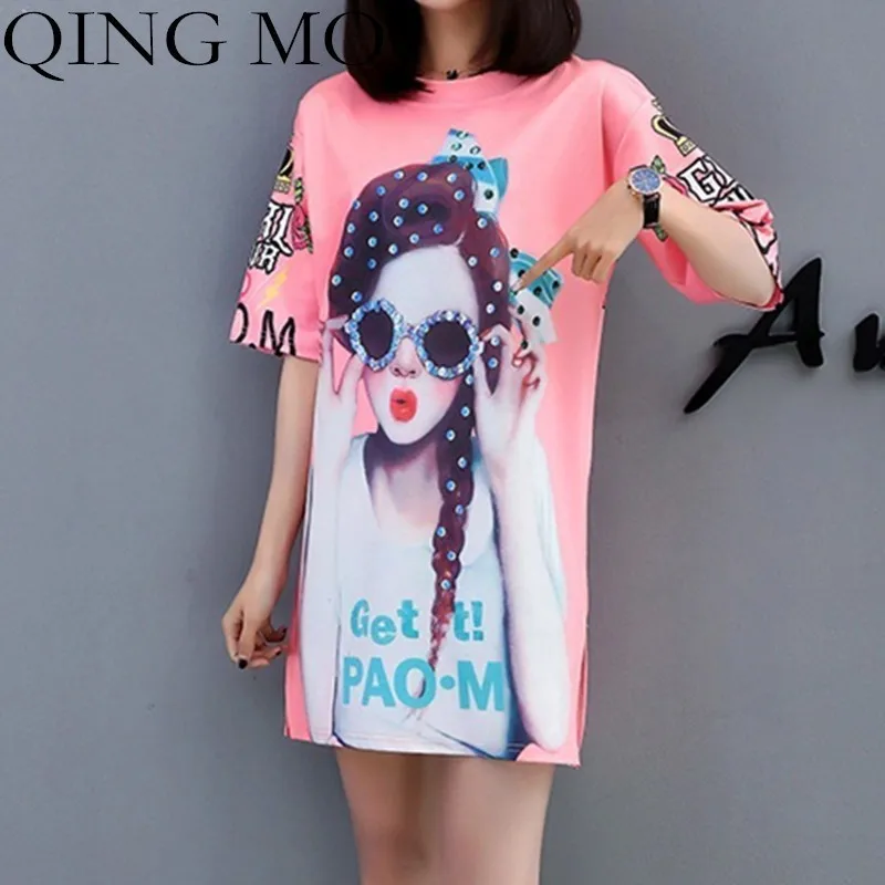 

QING MO Beauty Printing Dress Women Short Sleeve Dresses 2019 Summer Cartoon Dress Women Casual Dress Women Cotton Tops QF647