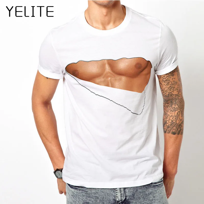 

YELITE Funny Hip Hop Tshirt Tops Chest T Shirt Abdominal Muscle Mens Cotton Short Sleeve White T-shirts Summer Homme Tees Boy