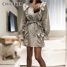 CHICEVER летняя Клетчатая Футболка с оборками для женщин топ с расклешенными рукавами на шнуровке женские футболки Топы Одежда Мода корейский