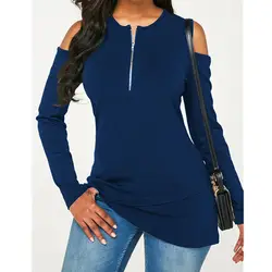 Рубашка с длинным рукавом женская джемпер Pull Femme с открытыми плечами футболки Женская молния на верхней туника Топ футболка плюс размер