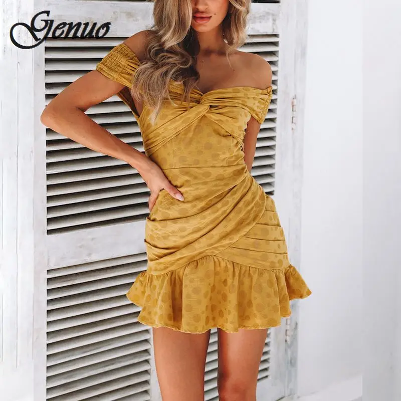 

Off Shoulder Yellow Casual Dress Ruffles Cotton Boho Women Dress Dot Mini Sexy Beach Dress Vestidos White