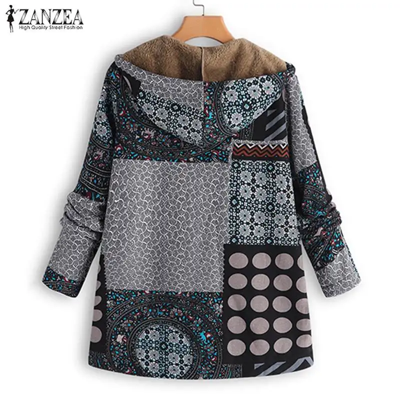 low cost 2019 Plus Size ZANZEA Winter Women Hooded Zipper Long Sleeve Vintage Printed Loose Fur Fleece Coat