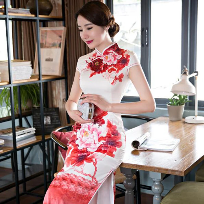 Chinese Women S Satin Cheongsam Long Floral Dress Velvet Silk Qipao S