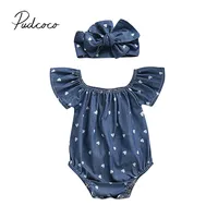 2024 Brand New 0-24M Infant Baby Girls Bodysuits Headband 2PCS Hearts Love Short Sleeve Off Shoulder Jumpsuits Summer Causal Set 1