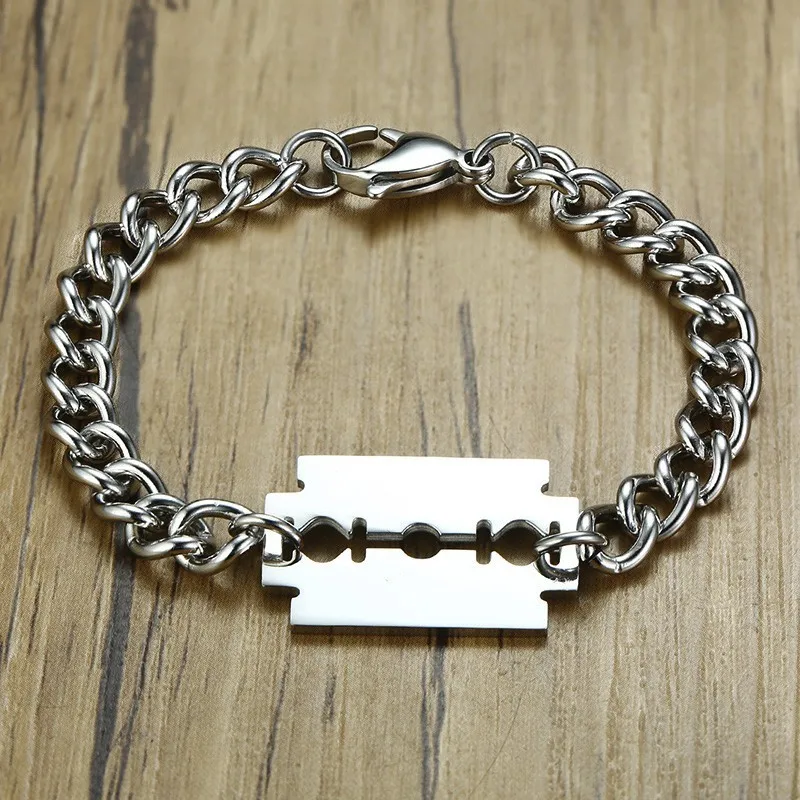 

Mens Cuba Link Chain Large Razor Blade ID Bracelet in Silverly Stainless Steel Rocker Bracelets Brackelts Brazalet Male Jewelry