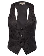 

GK Black Women Fitting Vest Jacket Adjustable Strap Jacquard Vest Coat buttons Decor Vintage Tops Waistcoat Female