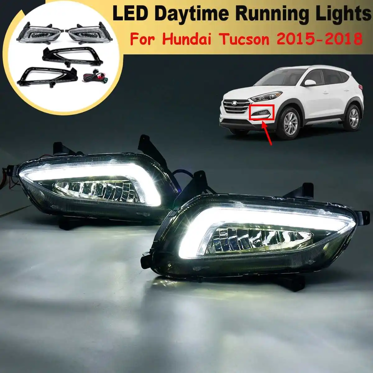 

1 Set White Led Drl Daytime Running Lights Daylight 12V Abs Fog Lamp Cover For Hundai Tucson 2015 2016 17 2018 Car Styling
