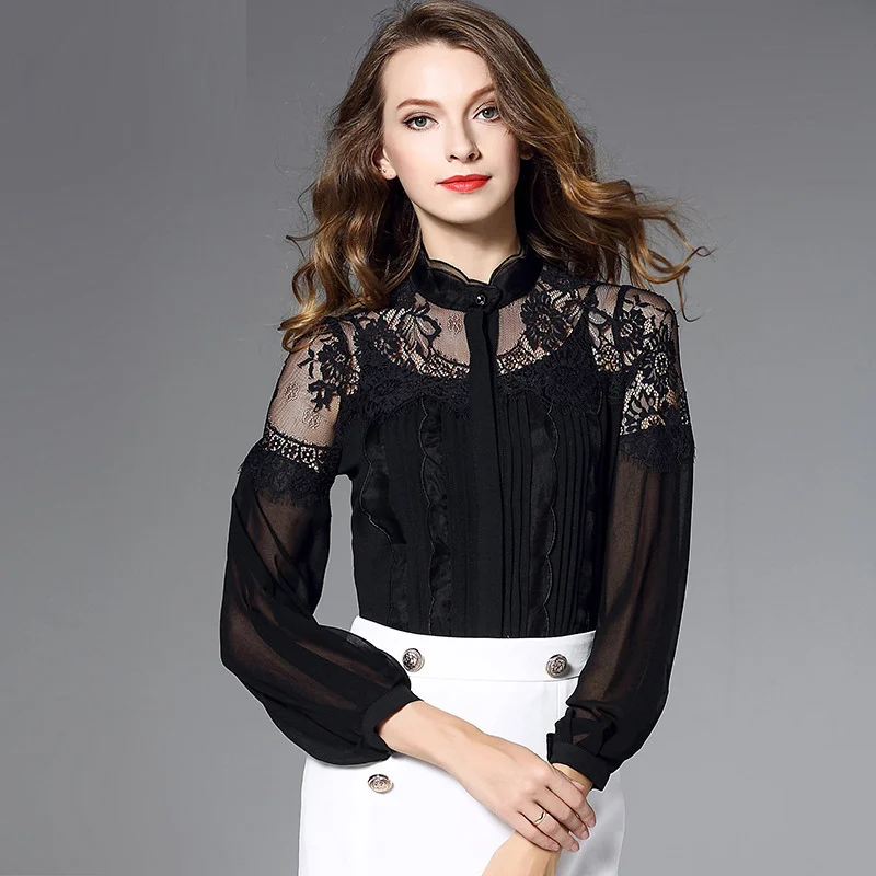 Zwarte bloemen zijde kant chiffon kantoor blouse womens tops en blouses 2019 elegante vintage sexy boho lange mouwen plus size paleis Zwarte bloemen zijde kant chiffon kantoor blouse womens tops en blouses 2019 elegante vintage sexy boho lange mouwen plus size paleis