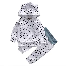 Одежда для новорожденных; комплект из 2 предметов; хлопковая футболка с капюшоном и длинными рукавами + штаны; леггинсы; одежда в горошек для