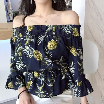 

2019 Summer Wear Temperament Pineapple Printing Slash Neck T Shirt