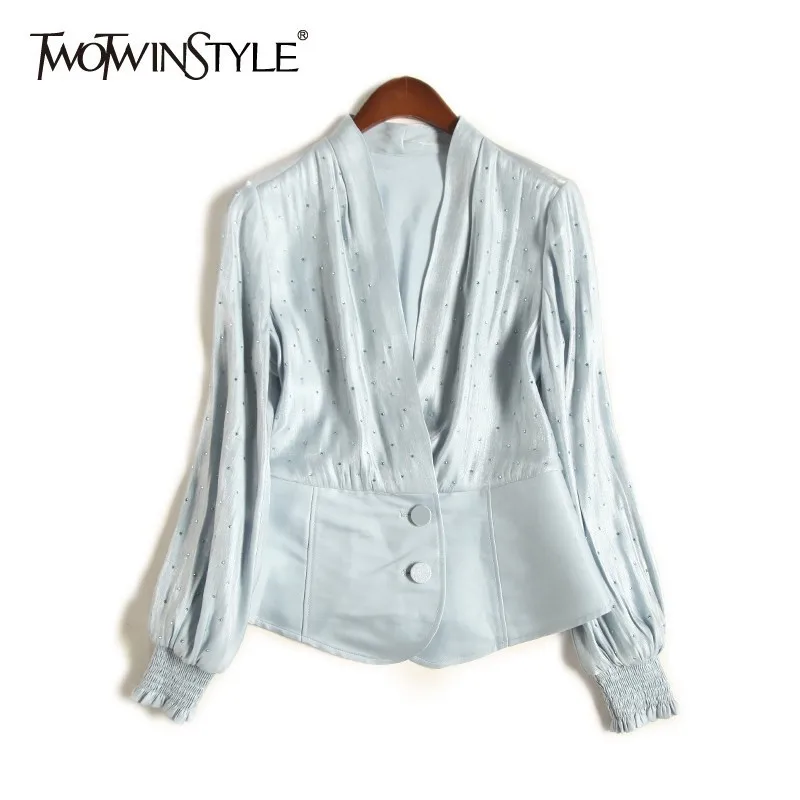 

TWOTWINSTYLE Diamonds Patchwork Shirts For Women V Neck Long Sleeve Tunic Large Size Tops Female 2019 Korean Fashion Spring