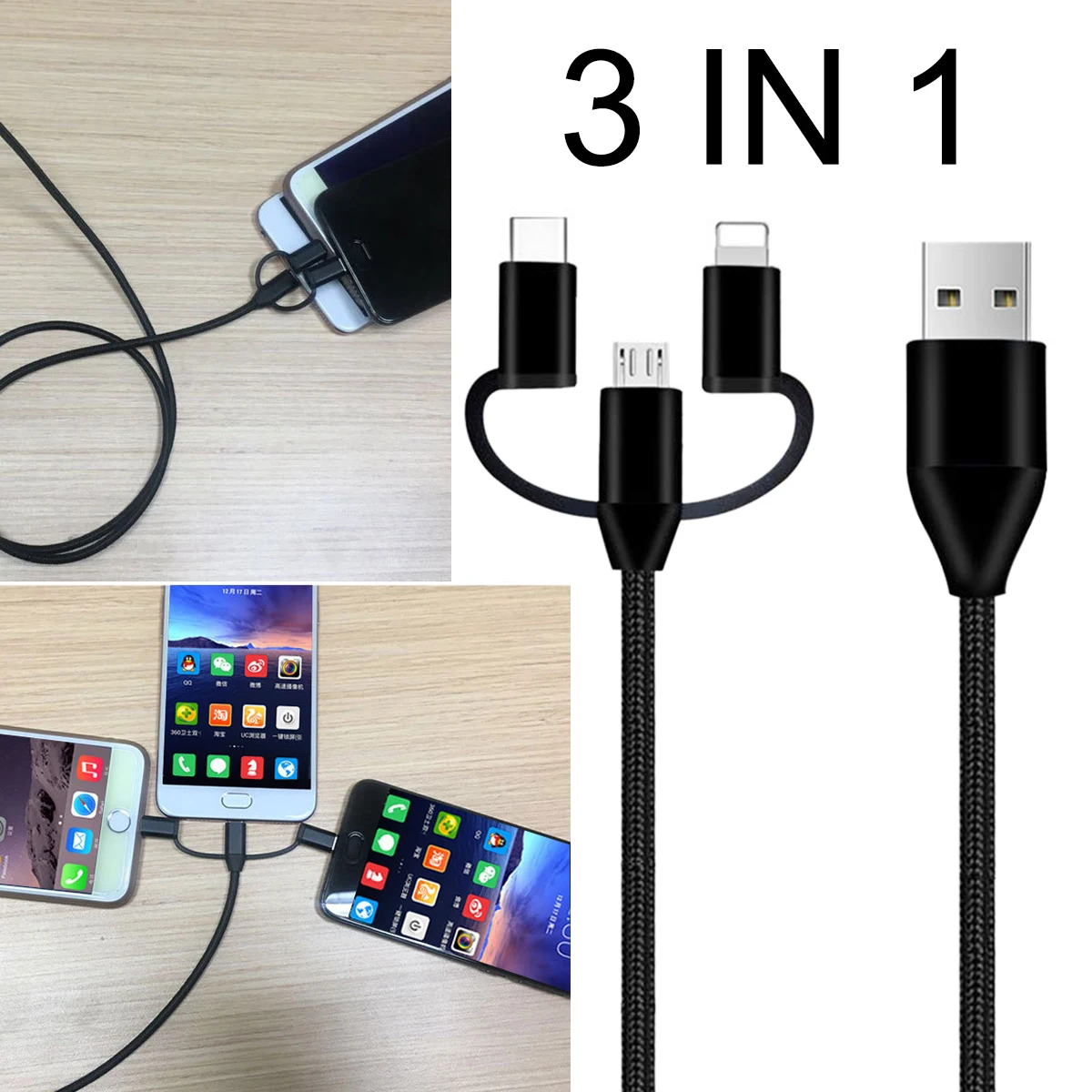 One drag three mobile phone data cable usb nylon Android