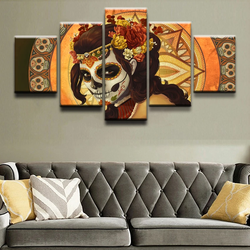 

Canvas Modular Pictures Decor Living Room Wall Art Poster Framework 5 Pieces Artistic Sugar Skull Paintings Home Decorative