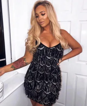 

Summer Dress Women Sexy Bling Sequins Tassel Beige Black Rayon Bandage Dress 2019 Designer Mini Party Dresses