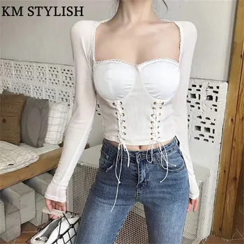 

Palace Style Square Collar Mesh Splicing Tube Top Drawstring Tied Strap T-Shirt Slim Fit Waist Short Bottom Black White Female