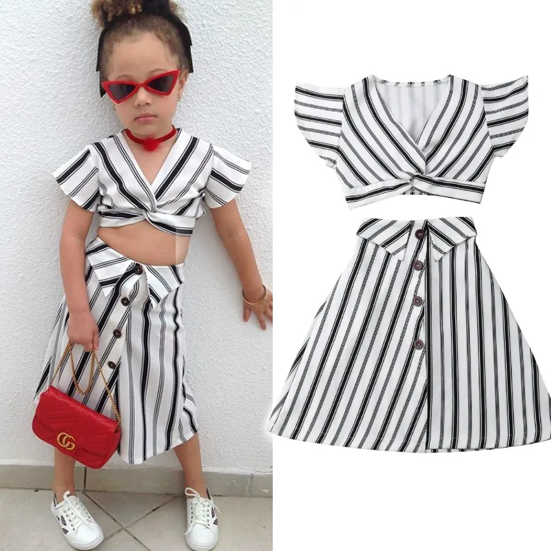 Pudcoco/летнее платье для девочек комплект детской одежды для маленьких девочек, детские нарядные платья для леди костюм в черно-белую полоску для девочек От 1 до 5 лет