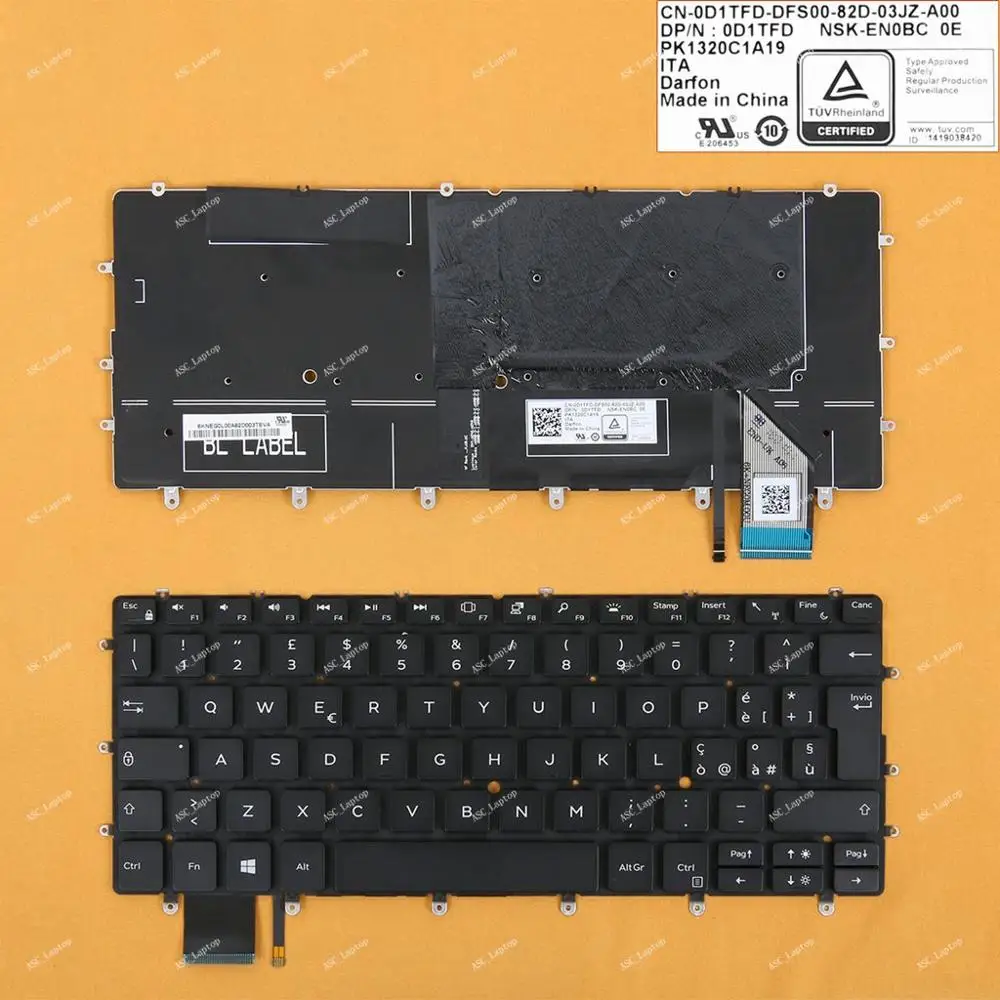 Новая итальянская клавиатура Tastiera для ноутбука Dell XPS 13 9370 с подсветкой черный без