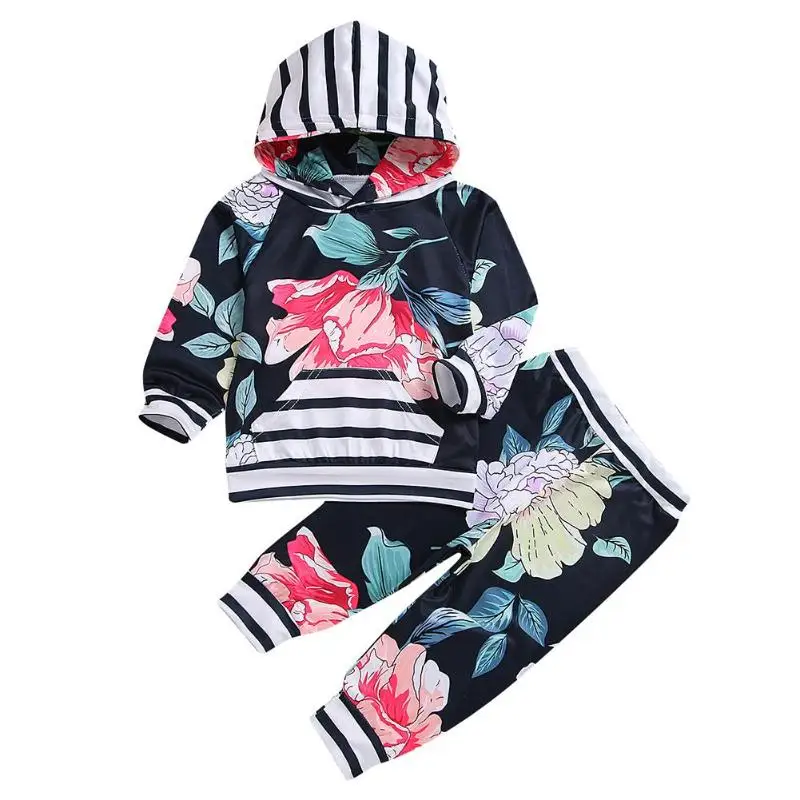 

2pcs/set Baby Boy Girl Clothes Cute Baby Spring Autumn Costume Stripe Flower Print Hoodie Top+Pants Infant Children Clothing