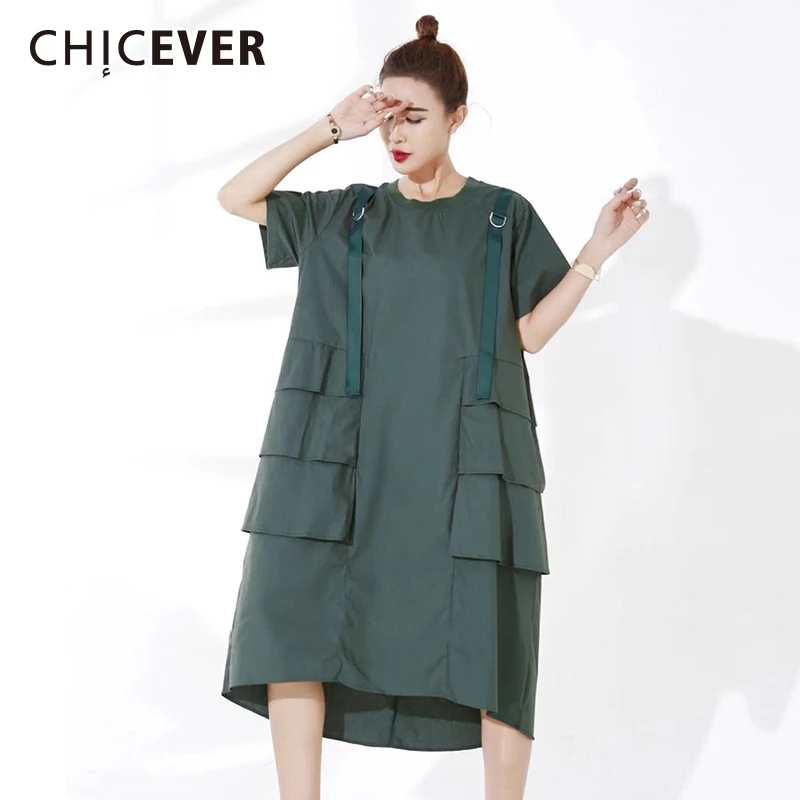 

CHICEVER 2019 Summer Dress For Women Short Sleeve Loose big Size O neck More Ruffles Asymmetrical Women's Dresses Clothes New