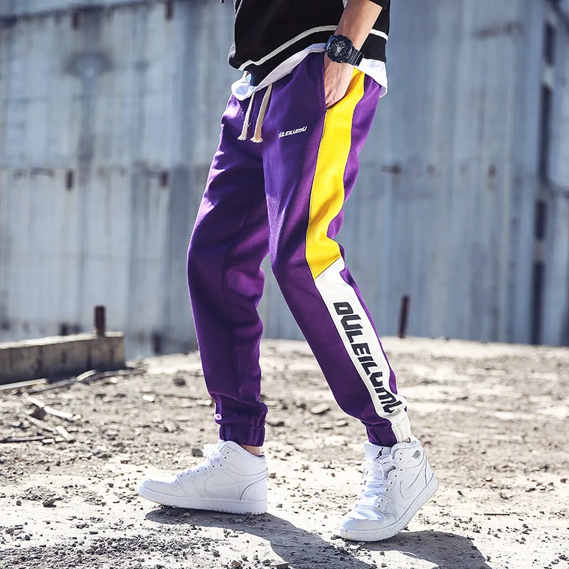 

#2114 Purple Black Side Patchwork Stripe Trousers Mens Joggers Sportswear Sweatpants Elastic Waist Hip Hop Trackpants Casual