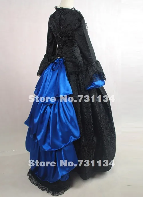 Элегантная винтажная Черно-синяя Длинные рукава напечатанная гражданская война викторианский бальное платье платья для вечерние