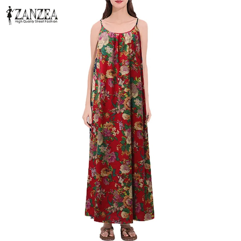 

2019 ZANZEA Summer Sleeveless Long Dress Women Casual O-Neck Cotton Linen Loose Sundress Floral Printed Beach Party Vestido