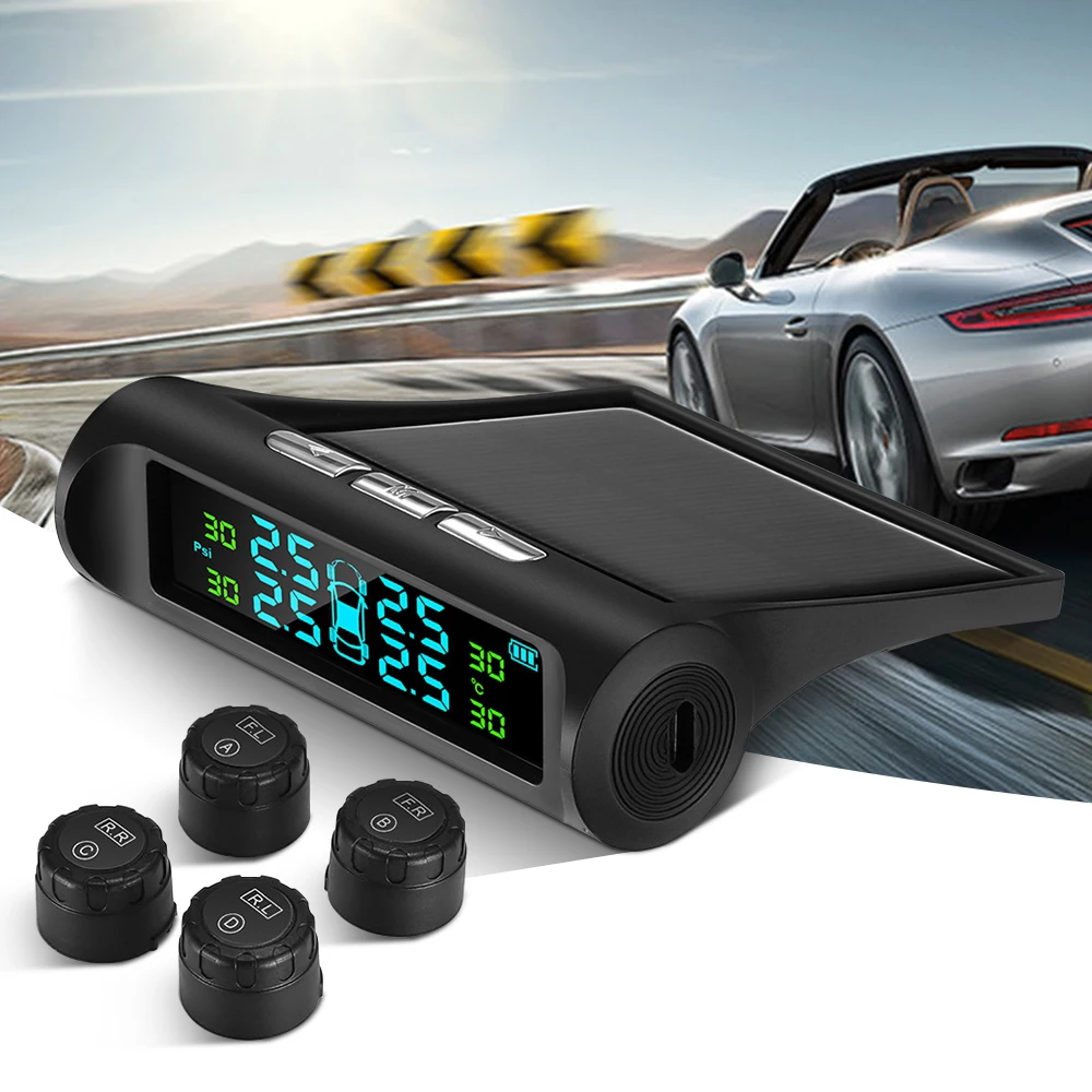 

C240 Solar USB TPMS Tire Pressure Monitoring System 4 External Sensors LCD Display Auto Alarm System Solar and USB Charging
