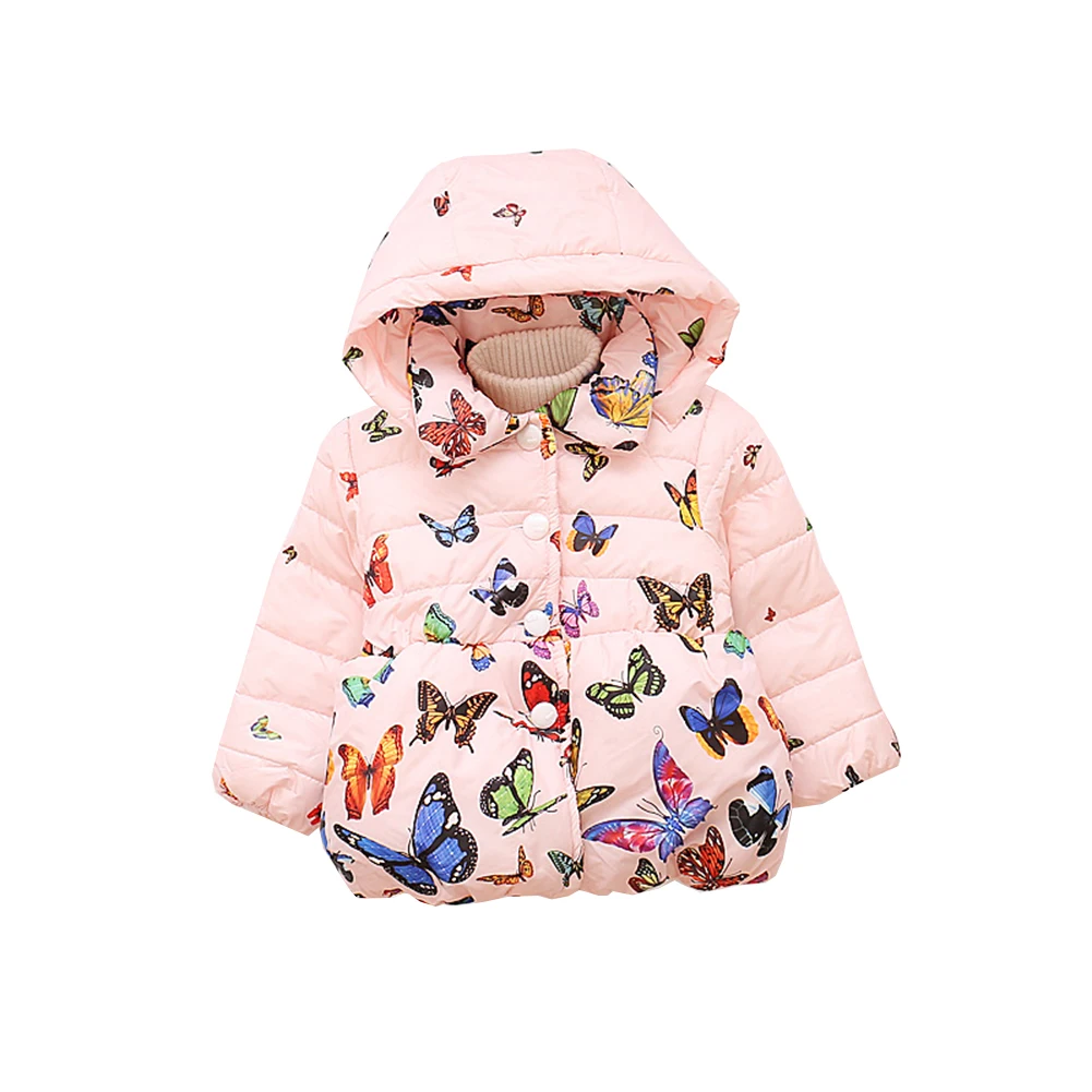 Зимняя плотная верхняя одежда для маленьких девочек; куртка с капюшоном и бабочками