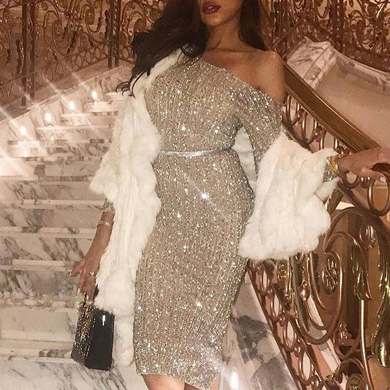 

Women Dress Autumn Sequin Shiny Sexy Off-the-shoulder Dress Party Cocktail Club Bottoming Ladies Pencil Dresses New Fashion