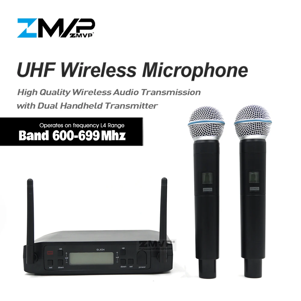 

ZMVP Professional GLXD4 UHF Live Vocal Karaoke Wireless Microphone System With BETA58A Dual Handheld Transmitter Mic 600-699 Mhz