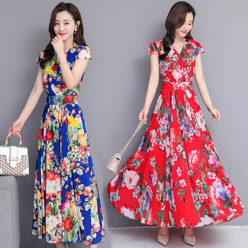

Spring New Boho 4XL Large Size Dress 2019 Long Flower V-neck Short-sleeved Seaside Holiday Beach Dress Silk Dress Vestidos