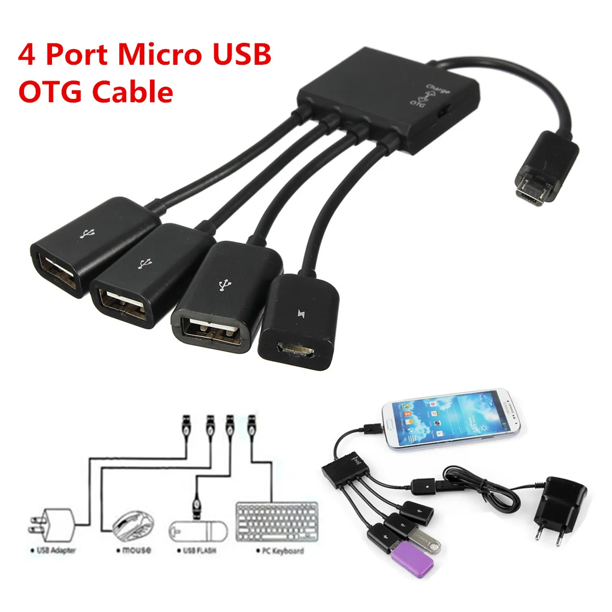 

S SKYEE4 Ports Micro USB Power Charging OTG Hub Host Adapter Spliter Cable for Samsung for Galaxy Smartphone Computer Tablet PC