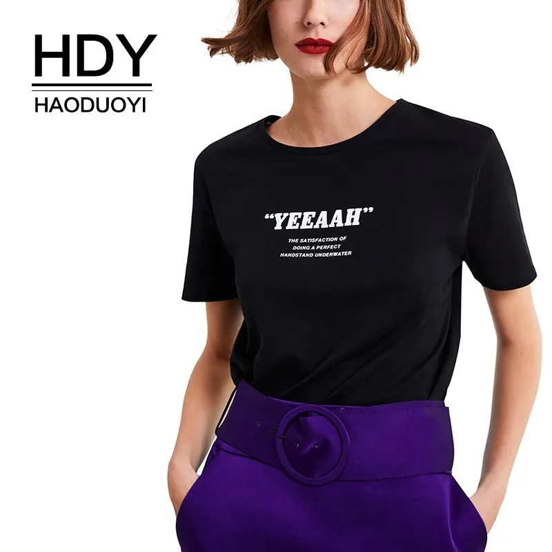 

HDY Haoduoyi Simple Individual Letter Printed Tees Loose Leisure Short Sleeve T-shirt Black Women New O-neck Tops