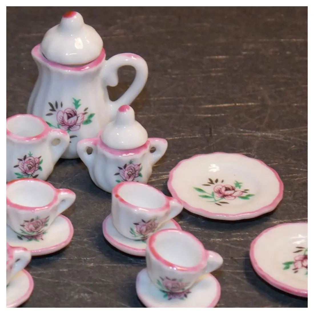 Миниатюрный чайный набор кукольный домик розовый зеленый 17 шт. чайный горшок тарелки 1: 12 дюймов весы