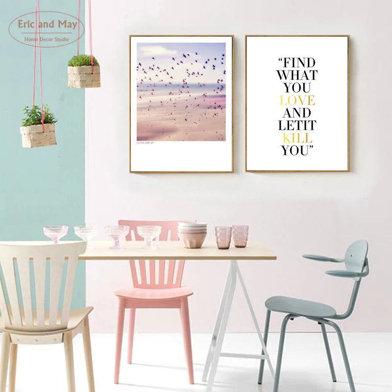 Pink Sky Birds Wall Art Canvas Painting Yellow Letter Posters And Prints Two Pictures For Living Room Unframed | Дом и сад
