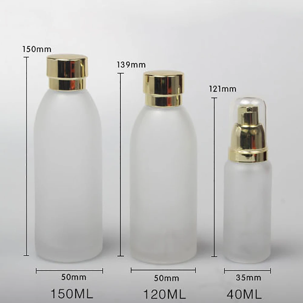 

Empty luxury cosmetic bottle packaging 150ml clear and frosted toner bottle with golden lids