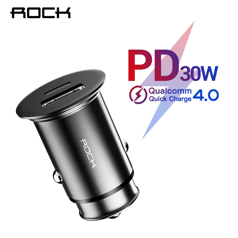 Rock PD Usb Car Charger for iPhone 8 Samsung Xiaomi 30w PD3.0 QC 4.0 Type C Quick Charge Mini Metal Phone Car-charger For Huawei