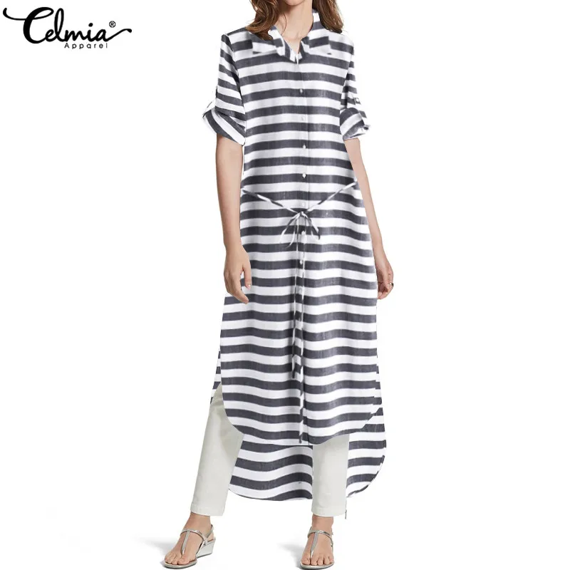 Celmia S-5XL الصيف الشاطئ رداء ماكسي اللباس المرأة غير المتكافئة مخطط طويل قميص اللباس زر مربوط عارضة Vestidos قفطان فام