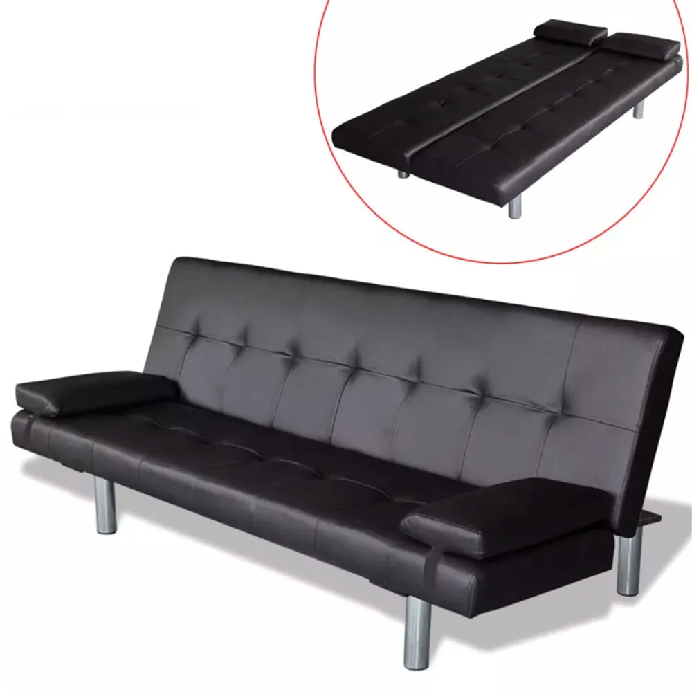 VidaXL Black Versatile Sofa With Bed Two Pillows Synthetic Leather And Wooden Frame Sturdy Living Room Sofa Home Furniture VidaXL Black Versatile Sofa With Bed Two Pillows Synthetic Leather And Wooden Frame Sturdy Living Room Sofa Home Furniture