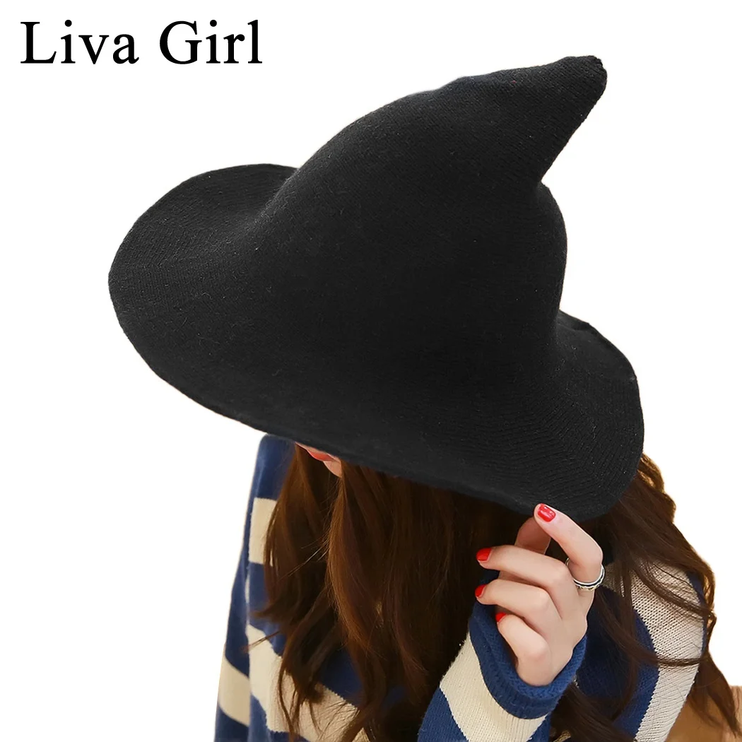 

Liva Girl Korean Style Women Witch Hat Wool Knitted Wide Brim Bucket Hat Fisherman Cap Autumn Pointed Halloween Hats Accessories