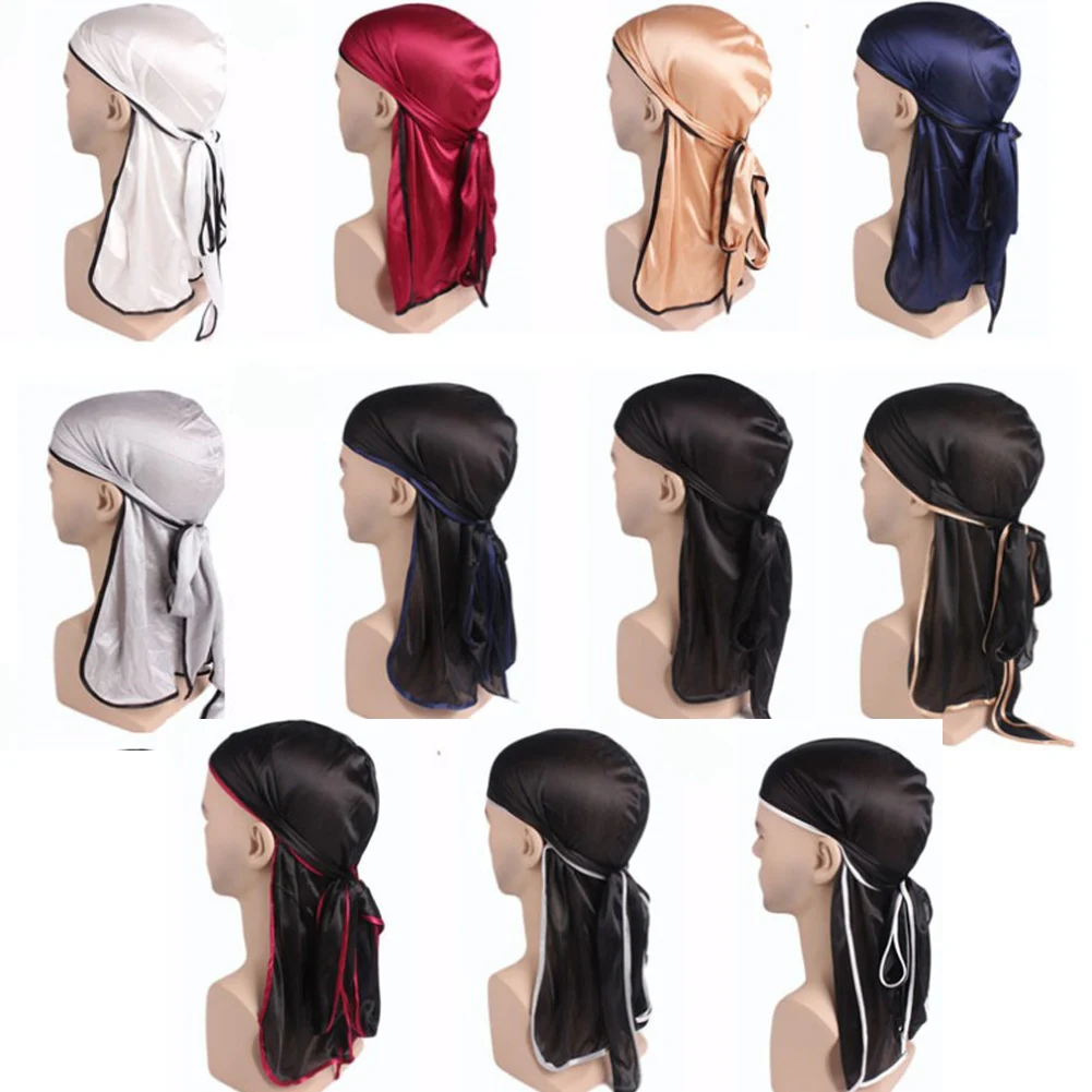 New Men's Satin Durags Bandanas Turban Hat Wigs Doo Men silky Durg Headwear Pirate Hat Extra Long Tail Headband Hair Accessories