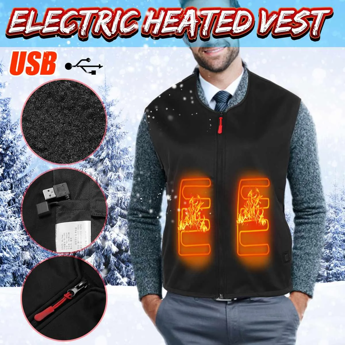 

Men Outdoor USB Heating Vest Jacket Winter Carbon Fiber Electric Thermal Clothing Waistcoat Hiking Warm Up Coat Snowwear