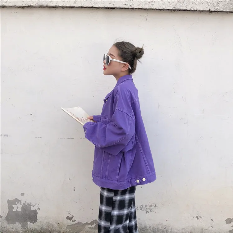 lower price Streetwear Oversize Denim Jacket For Women Casual Candy Color Purple Bomber Jeans Coat BF Style Loo